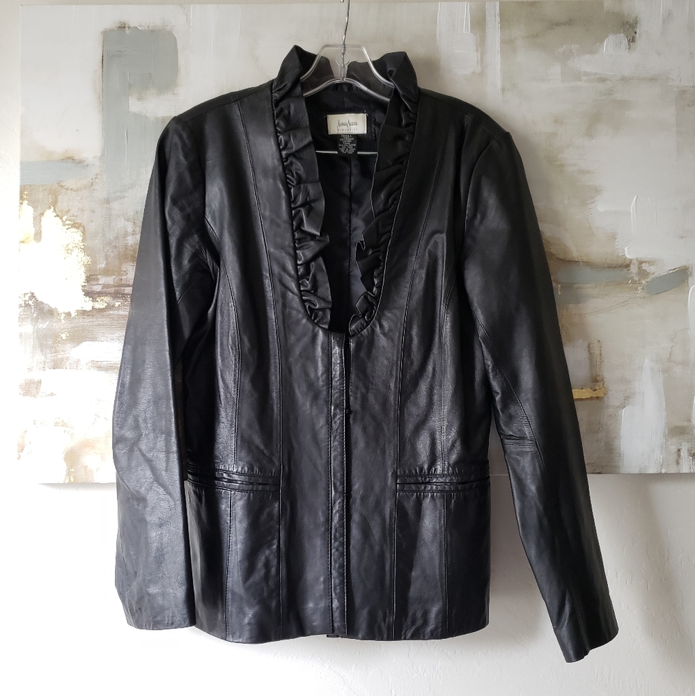 Neiman Marcus genuine leather jacket black ruffles